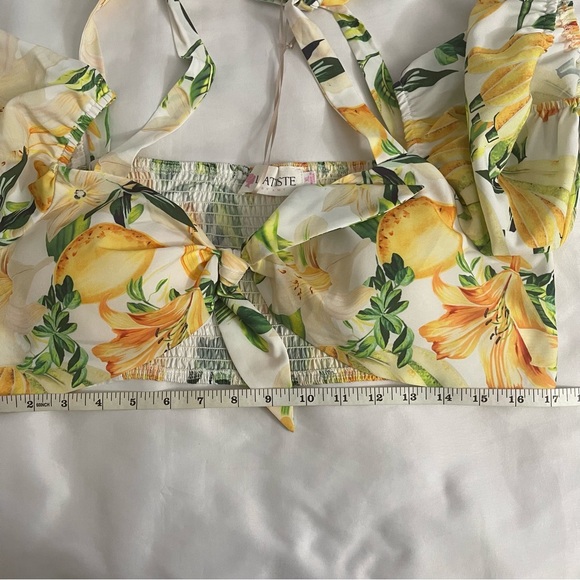 Yellow green cold shoulder smocked top high waisted wide leg pants set - Picture 11 of 12